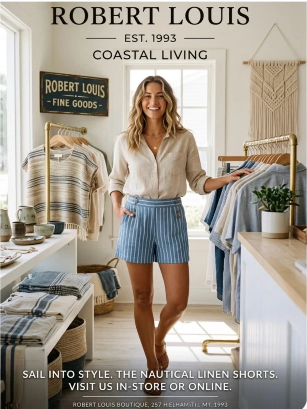 Robert Louis Blue and White Striped Linen-Blend Women's Shorts